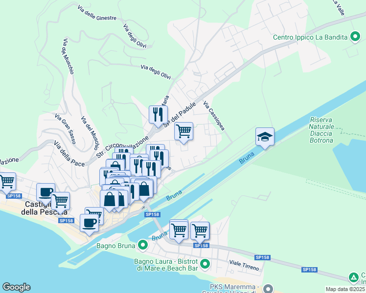 map of restaurants, bars, coffee shops, grocery stores, and more near 8 Via Orsa Maggiore in Castiglione della Pescaia