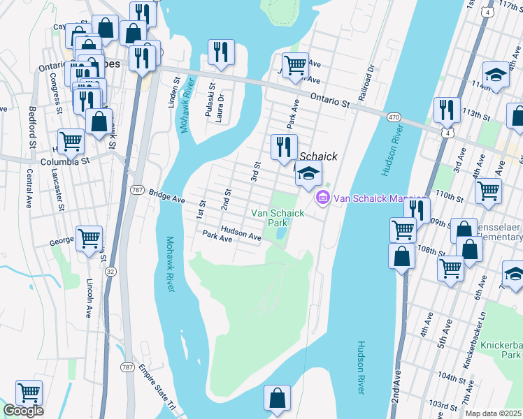 map of restaurants, bars, coffee shops, grocery stores, and more near 103 Van Schaick Avenue in Cohoes