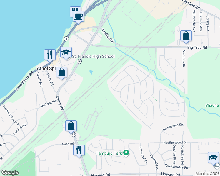 map of restaurants, bars, coffee shops, grocery stores, and more near 16 West Canyon Drive in Hamburg
