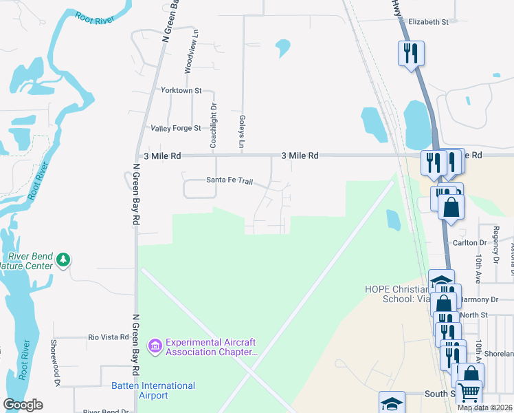 map of restaurants, bars, coffee shops, grocery stores, and more near 3808 Wyoming Way in Racine