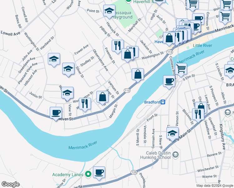 map of restaurants, bars, coffee shops, grocery stores, and more near 261 River Street in Haverhill