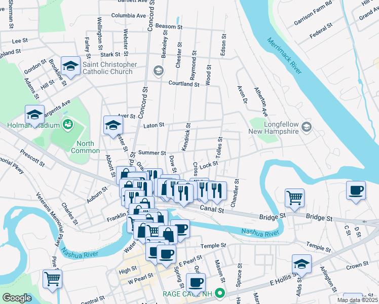 map of restaurants, bars, coffee shops, grocery stores, and more near 598 Kendrick Street in Nashua