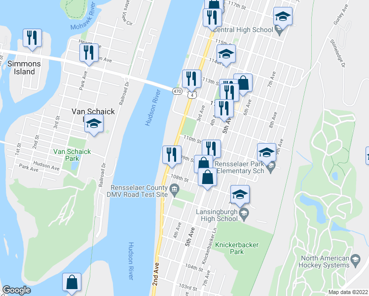 map of restaurants, bars, coffee shops, grocery stores, and more near 398 2nd Avenue in Troy