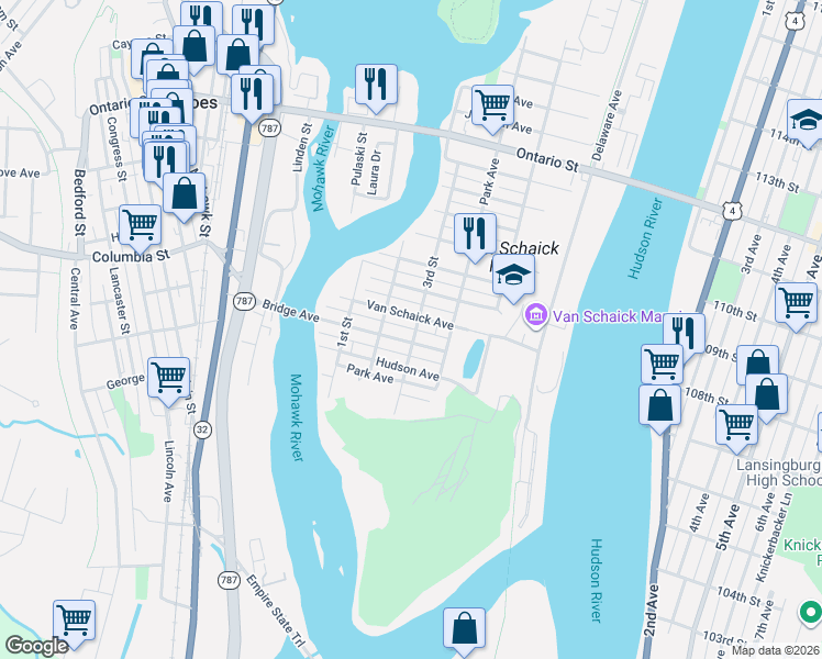 map of restaurants, bars, coffee shops, grocery stores, and more near 130 Van Schaick Avenue in Cohoes
