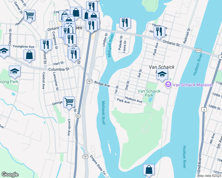 map of restaurants, bars, coffee shops, grocery stores, and more near 171 Bridge Avenue in Cohoes