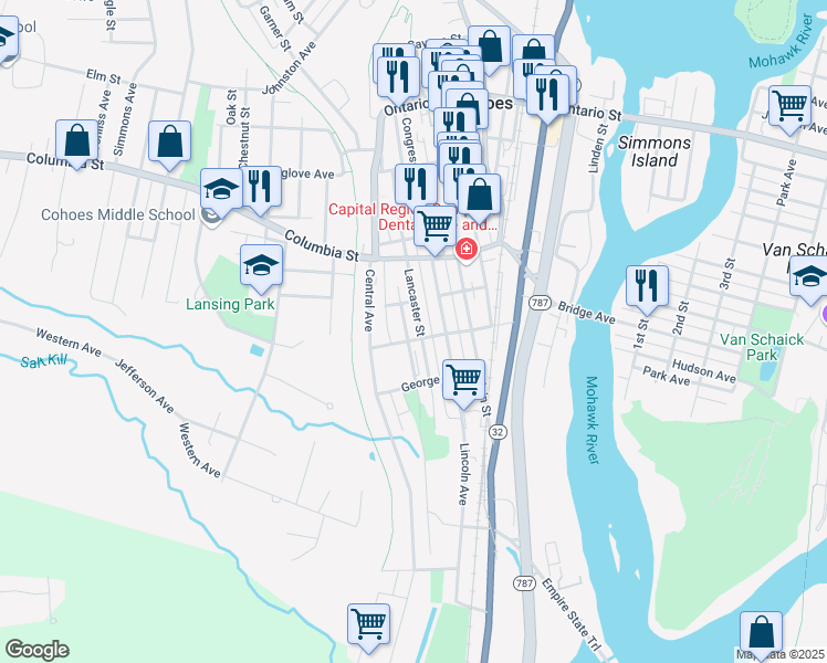map of restaurants, bars, coffee shops, grocery stores, and more near 116 Lancaster Street in Cohoes