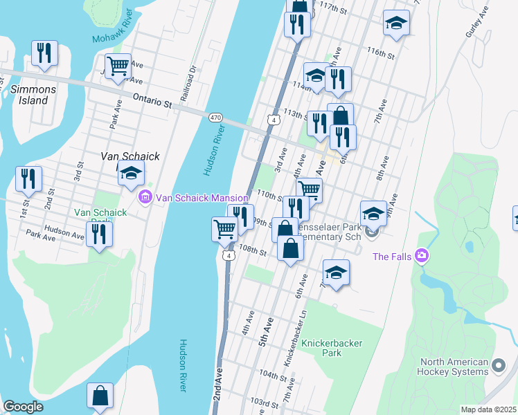 map of restaurants, bars, coffee shops, grocery stores, and more near 387 3rd Avenue in Troy