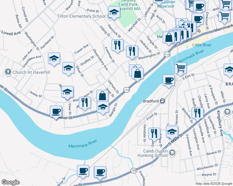 map of restaurants, bars, coffee shops, grocery stores, and more near 261 River Street in Haverhill