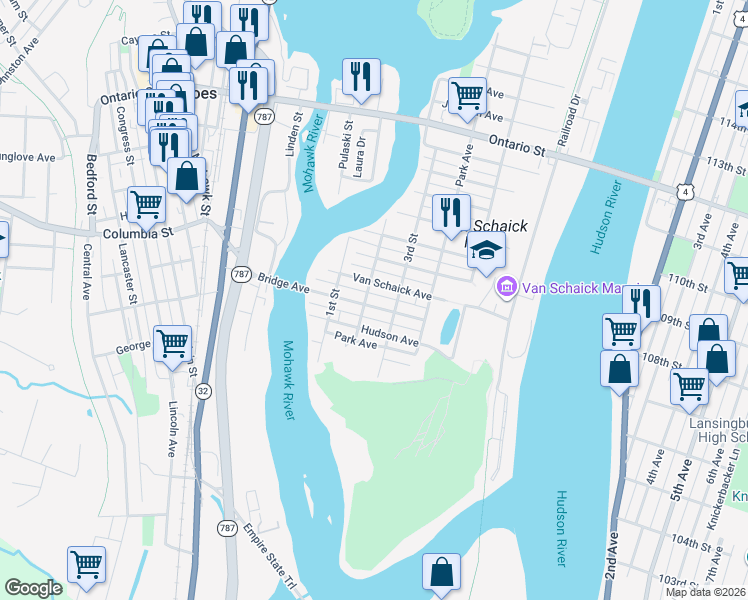 map of restaurants, bars, coffee shops, grocery stores, and more near 130 Van Schaick Avenue in Cohoes