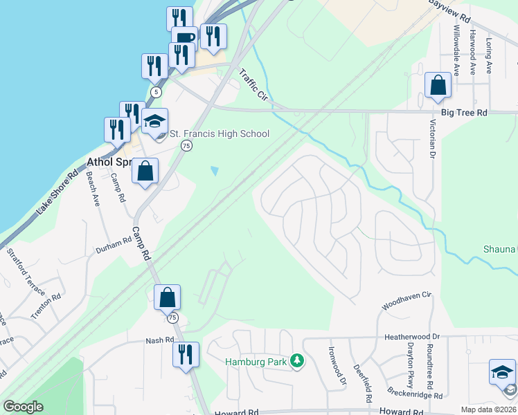 map of restaurants, bars, coffee shops, grocery stores, and more near 16 West Canyon Drive in Hamburg