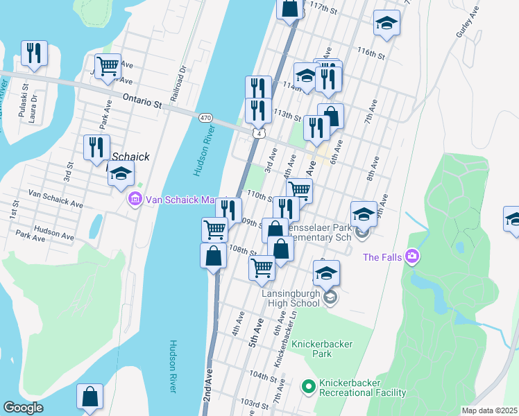 map of restaurants, bars, coffee shops, grocery stores, and more near 394 3rd Avenue in Troy