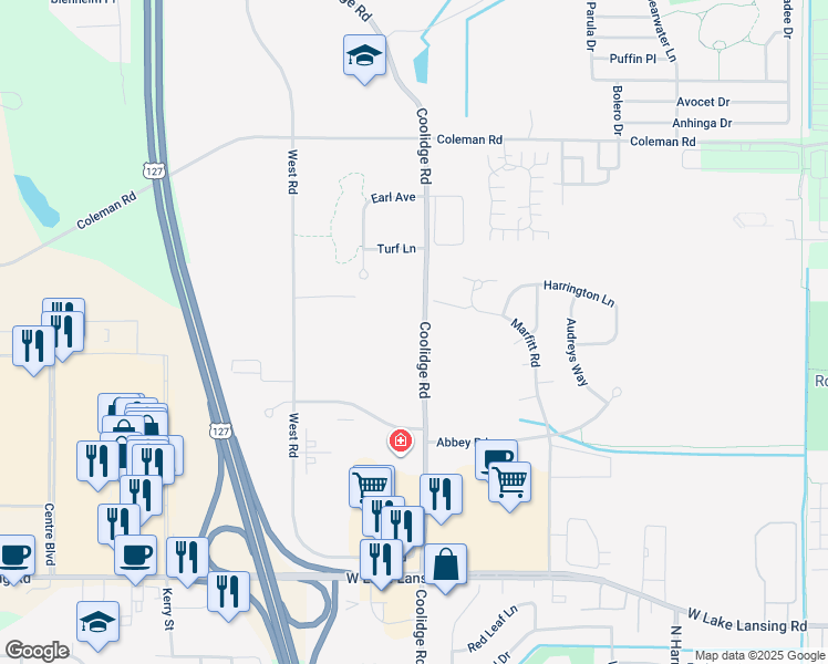 map of restaurants, bars, coffee shops, grocery stores, and more near 3495 Coolidge Road in East Lansing
