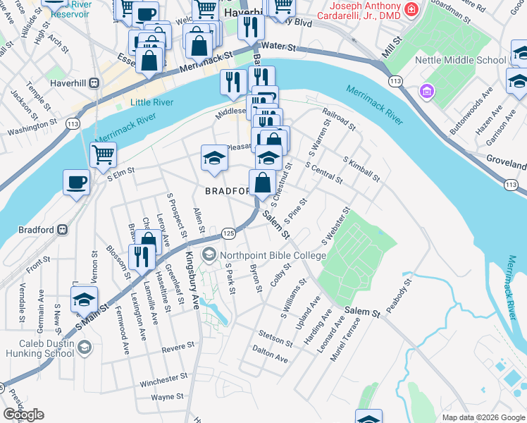 map of restaurants, bars, coffee shops, grocery stores, and more near 4 Salem Street in Haverhill