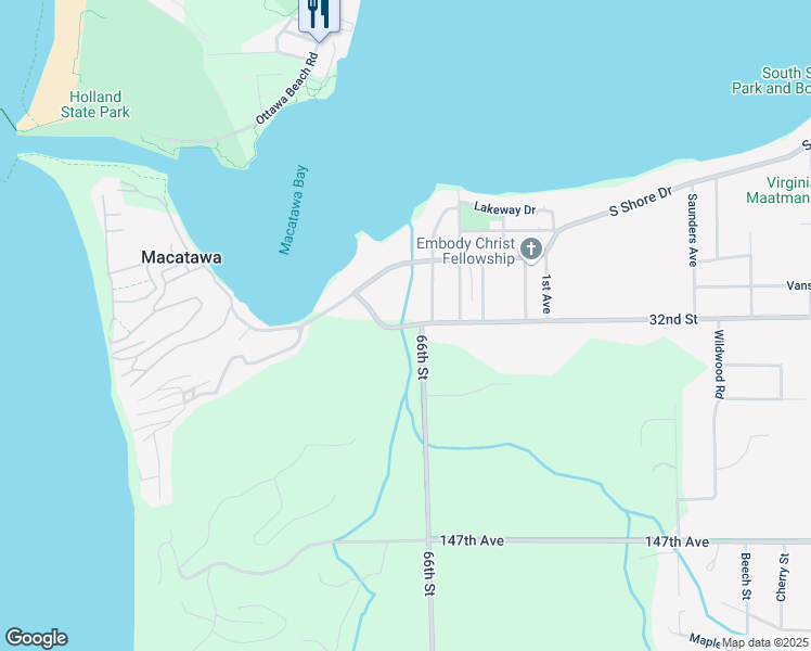 map of restaurants, bars, coffee shops, grocery stores, and more near 2144 32nd Street in Holland