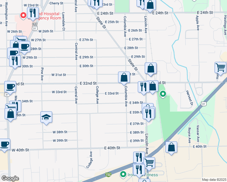 map of restaurants, bars, coffee shops, grocery stores, and more near 111 East 33rd Street in Holland