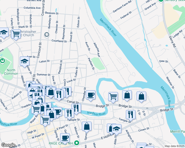 map of restaurants, bars, coffee shops, grocery stores, and more near 10 Perham Street in Nashua