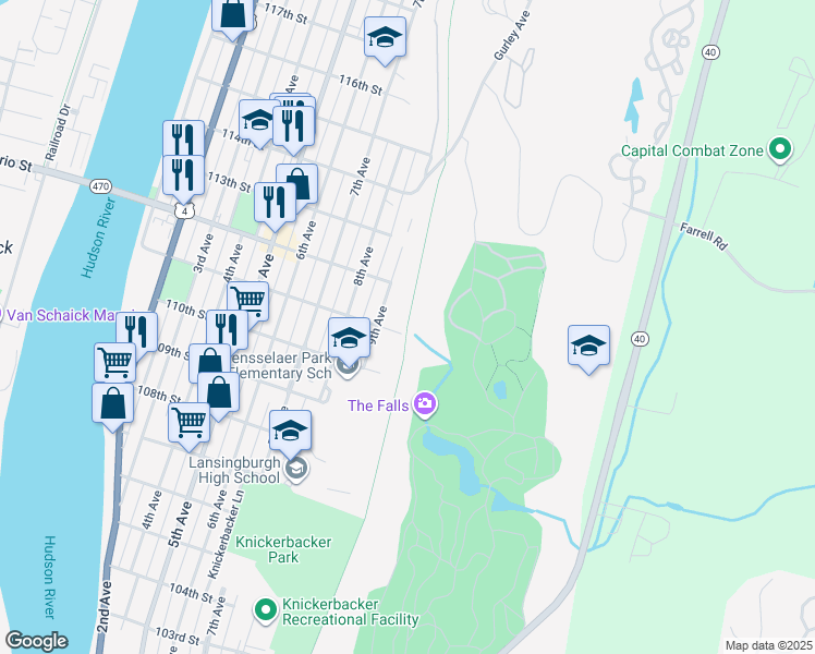 map of restaurants, bars, coffee shops, grocery stores, and more near Boston and Maine Railroad in Troy