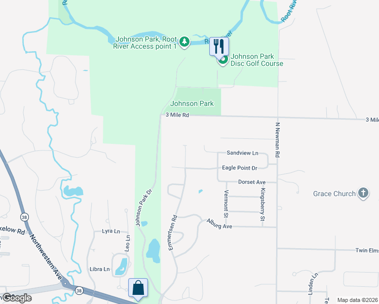 map of restaurants, bars, coffee shops, grocery stores, and more near 3835 Emmertsen Road in Racine