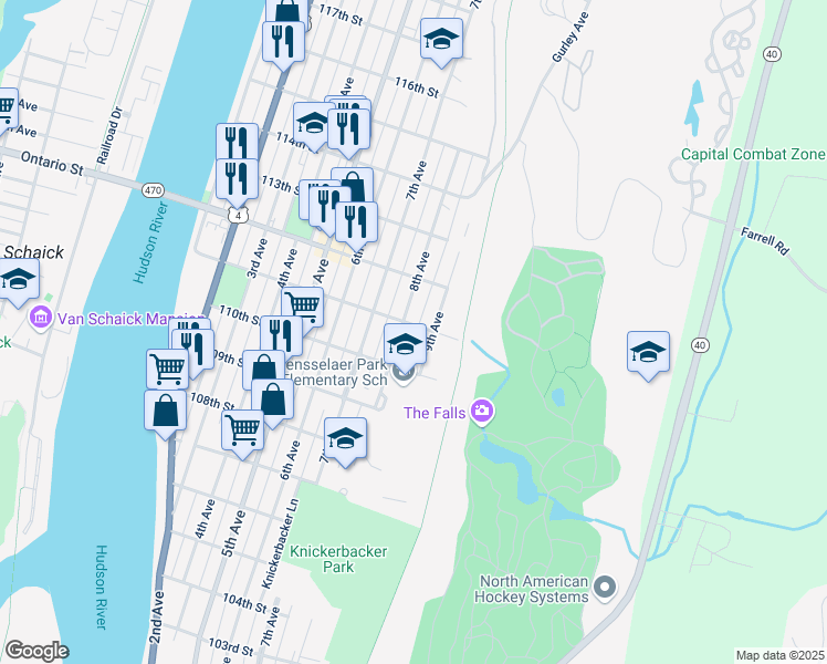 map of restaurants, bars, coffee shops, grocery stores, and more near 437 8th Avenue in Troy