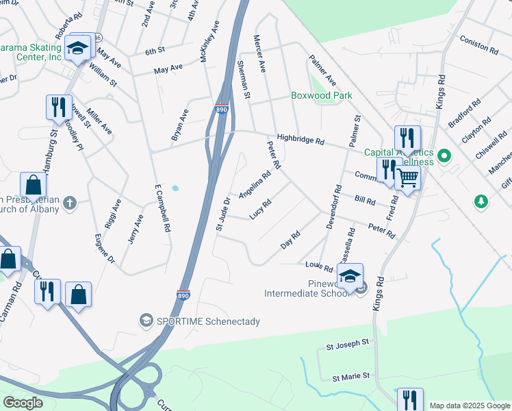 map of restaurants, bars, coffee shops, grocery stores, and more near 1037 Angelina Road in Schenectady