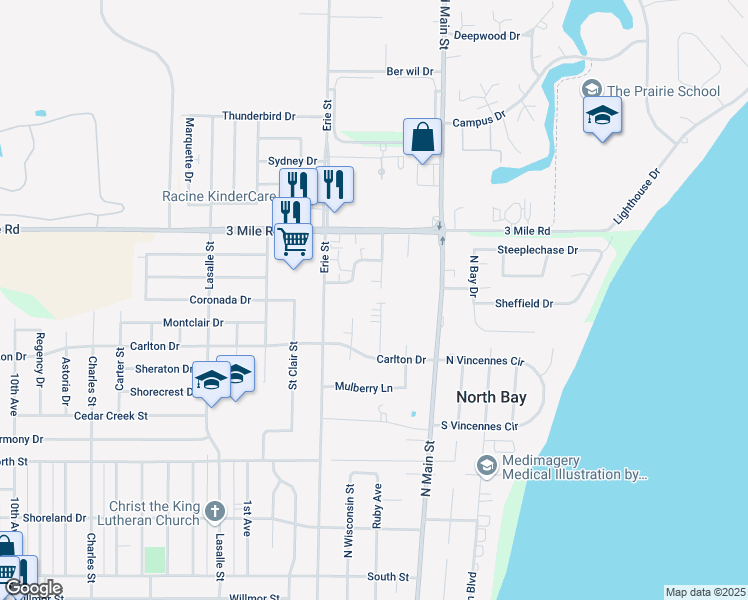 map of restaurants, bars, coffee shops, grocery stores, and more near 3818 Ruby Avenue in Racine