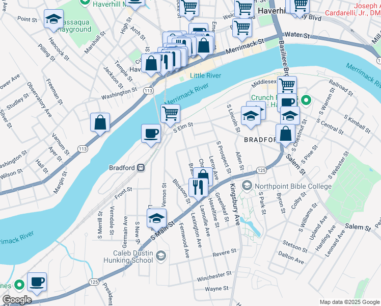 map of restaurants, bars, coffee shops, grocery stores, and more near 58 Chandler Street in Haverhill