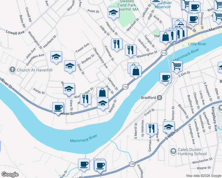 map of restaurants, bars, coffee shops, grocery stores, and more near 35 Ayer Street in Haverhill