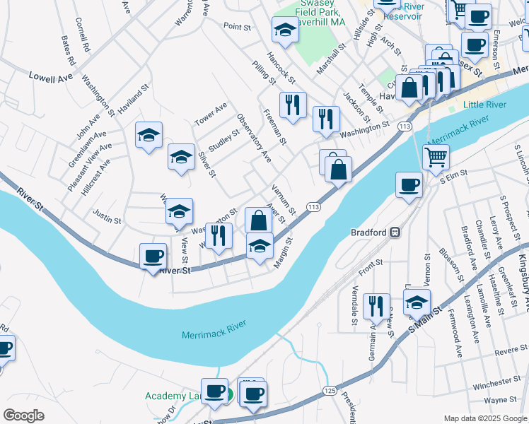 map of restaurants, bars, coffee shops, grocery stores, and more near 35 Ayer Street in Haverhill