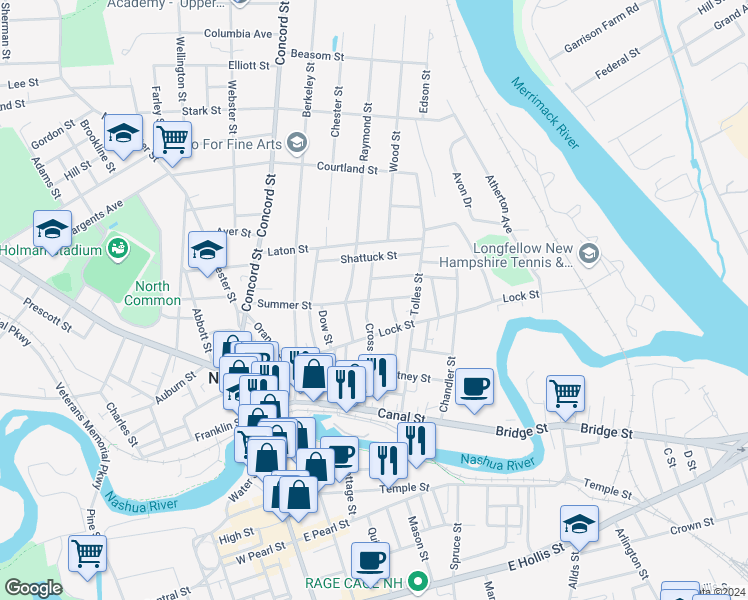 map of restaurants, bars, coffee shops, grocery stores, and more near 44 Summer Street in Nashua