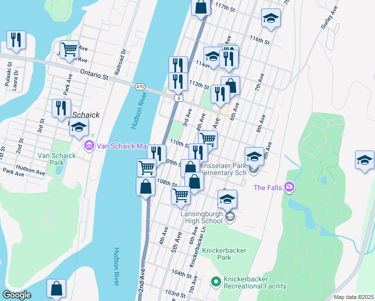 map of restaurants, bars, coffee shops, grocery stores, and more near 12-14 110th Street in Troy