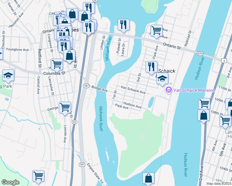 map of restaurants, bars, coffee shops, grocery stores, and more near 153 Bridge Avenue in Cohoes