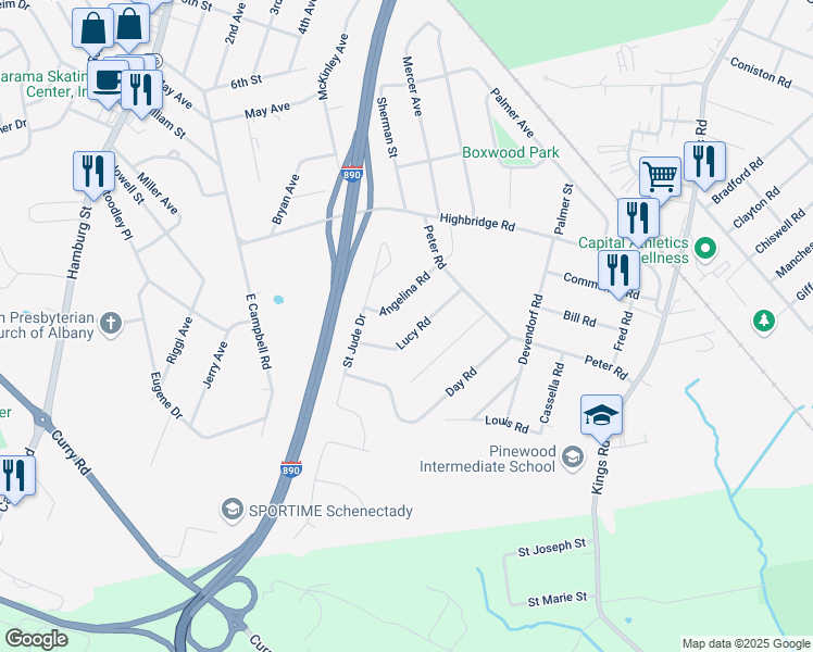 map of restaurants, bars, coffee shops, grocery stores, and more near 1037 Angelina Road in Schenectady