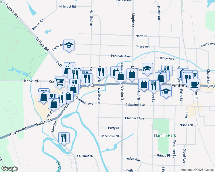 map of restaurants, bars, coffee shops, grocery stores, and more near 285 Main Street in East Aurora