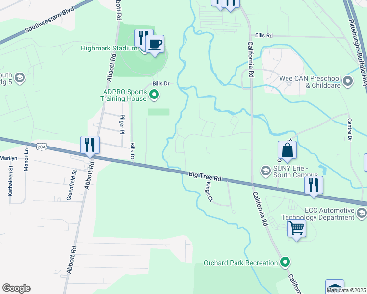 map of restaurants, bars, coffee shops, grocery stores, and more near 25-100 Shadow Lane in Orchard Park