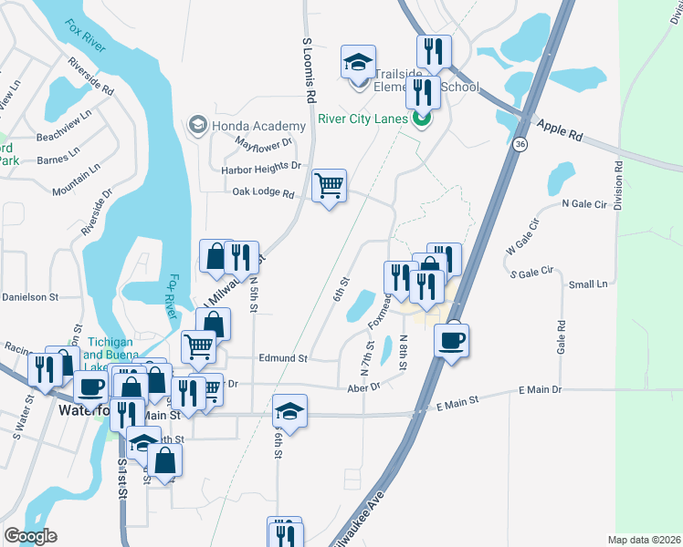 map of restaurants, bars, coffee shops, grocery stores, and more near 502 North 6th Street in Waterford
