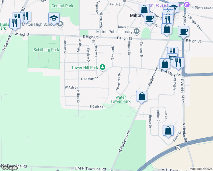 map of restaurants, bars, coffee shops, grocery stores, and more near 753 Red Hawk Drive in Milton