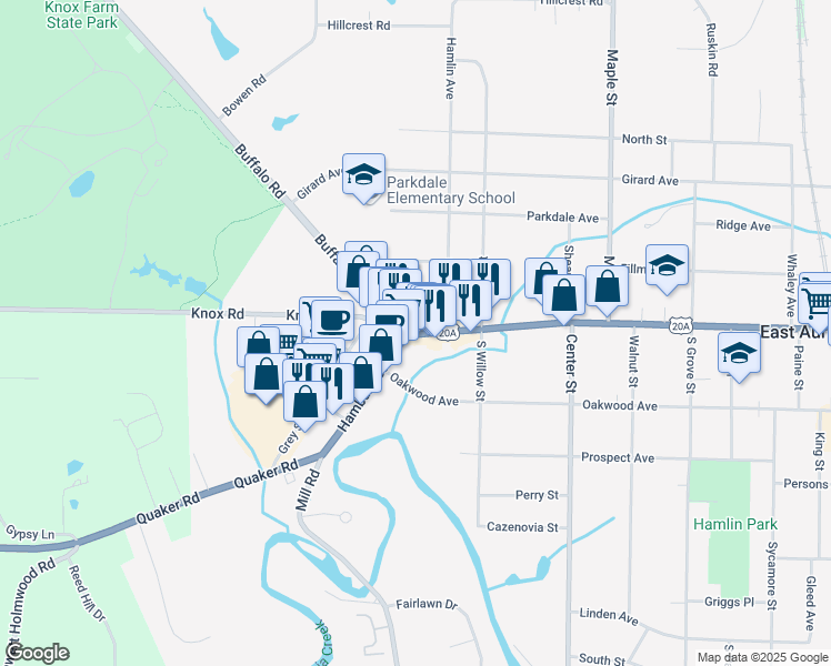 map of restaurants, bars, coffee shops, grocery stores, and more near 162 Main Street in East Aurora