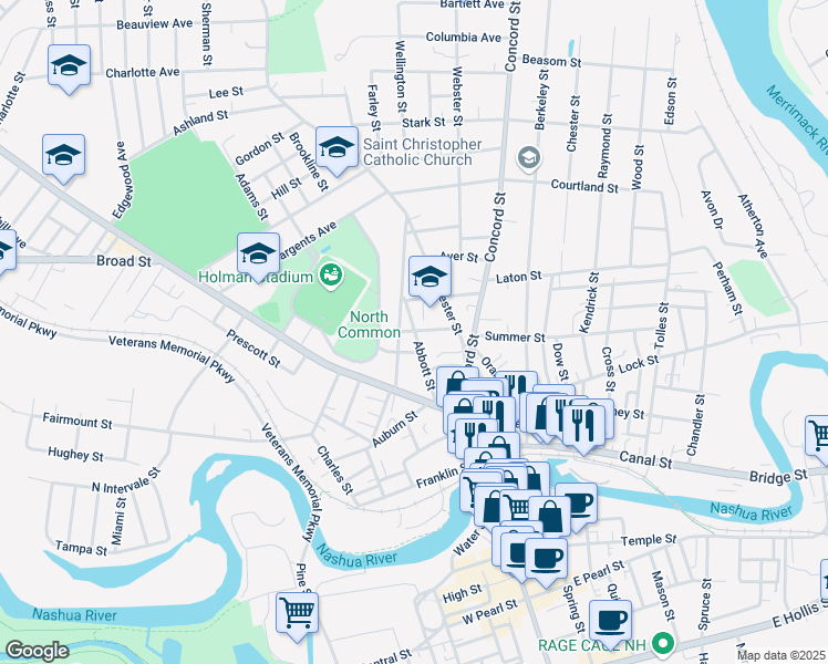 map of restaurants, bars, coffee shops, grocery stores, and more near 21 Abbott Street in Nashua