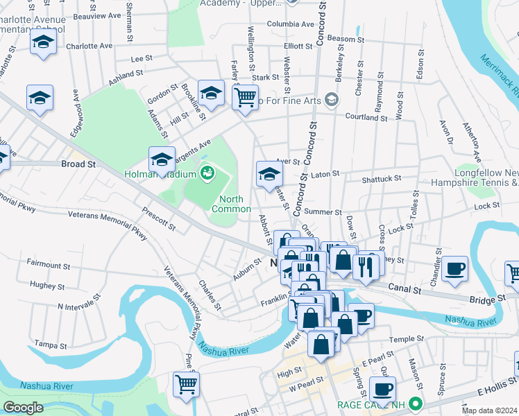 map of restaurants, bars, coffee shops, grocery stores, and more near 4 French Street in Nashua