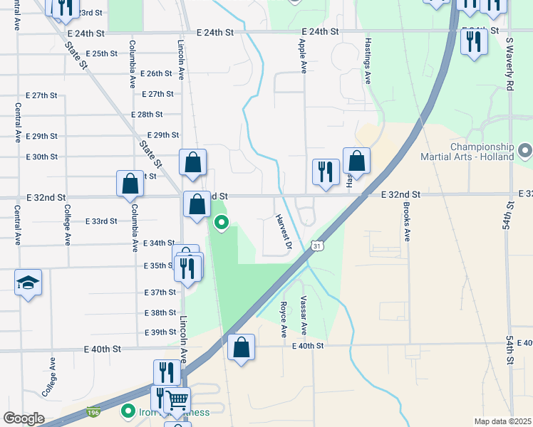map of restaurants, bars, coffee shops, grocery stores, and more near 291 Harvest Lane in Holland