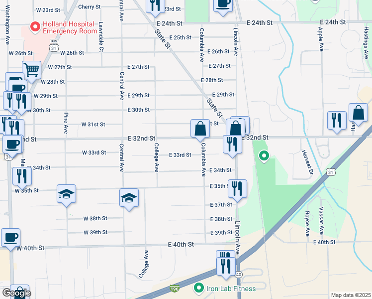 map of restaurants, bars, coffee shops, grocery stores, and more near 111 East 33rd Street in Holland