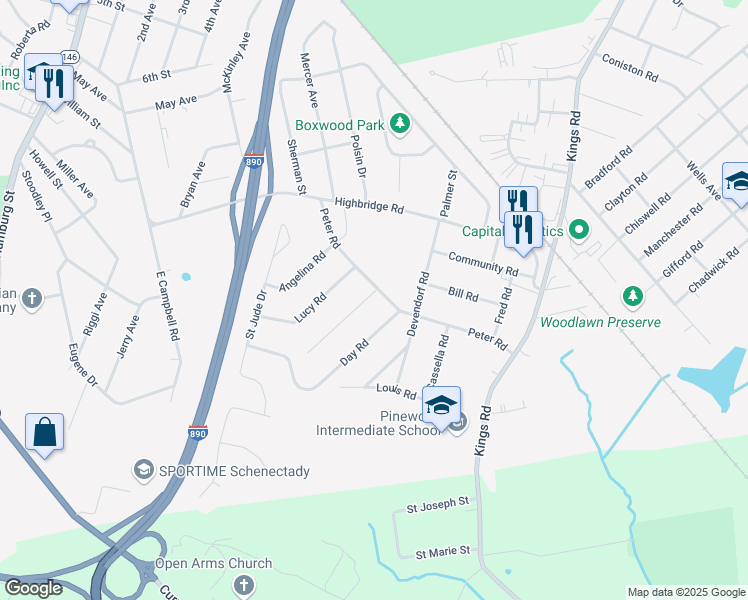 map of restaurants, bars, coffee shops, grocery stores, and more near 1005 Theodore Road in Schenectady