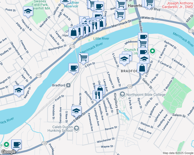 map of restaurants, bars, coffee shops, grocery stores, and more near 58 Chandler Street in Haverhill