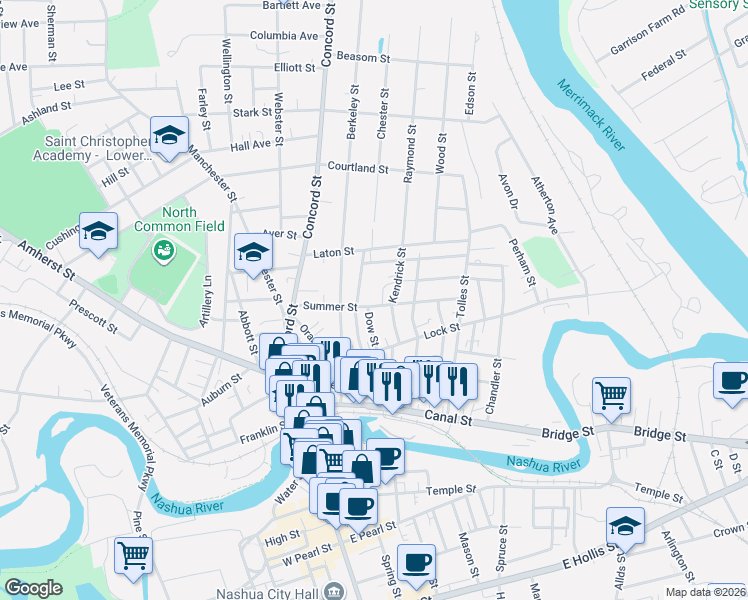 map of restaurants, bars, coffee shops, grocery stores, and more near 598 Kendrick Street in Nashua