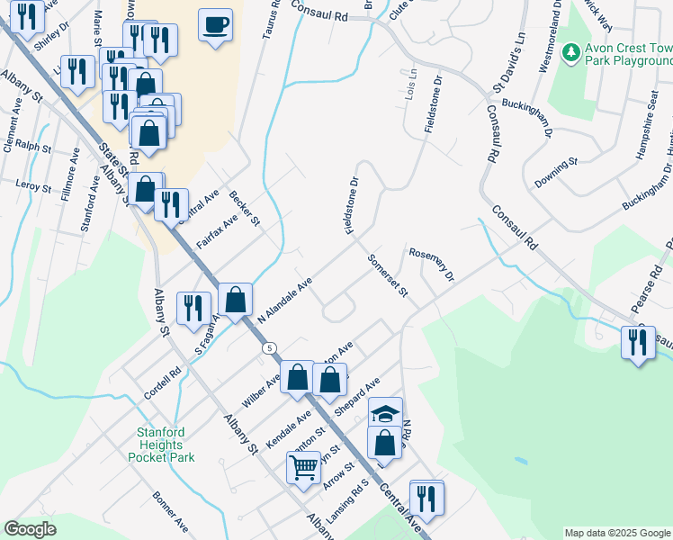 map of restaurants, bars, coffee shops, grocery stores, and more near 230 North Alandale Avenue in Schenectady