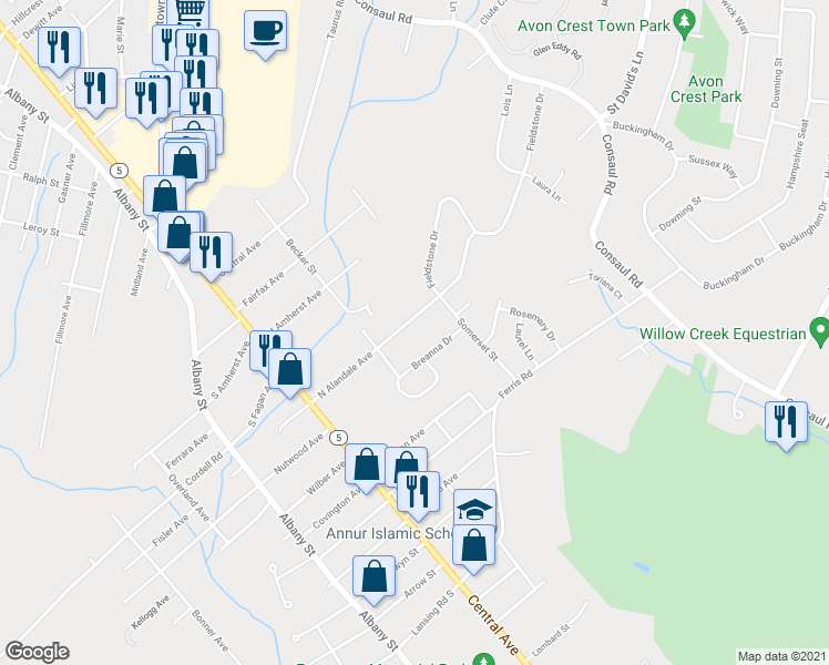 map of restaurants, bars, coffee shops, grocery stores, and more near 230 North Alandale Avenue in Schenectady