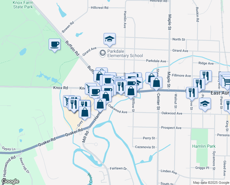 map of restaurants, bars, coffee shops, grocery stores, and more near 162 Main Street in East Aurora