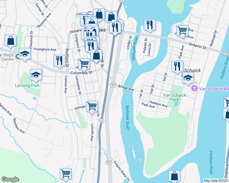 map of restaurants, bars, coffee shops, grocery stores, and more near 17 Whitehall Street in Troy