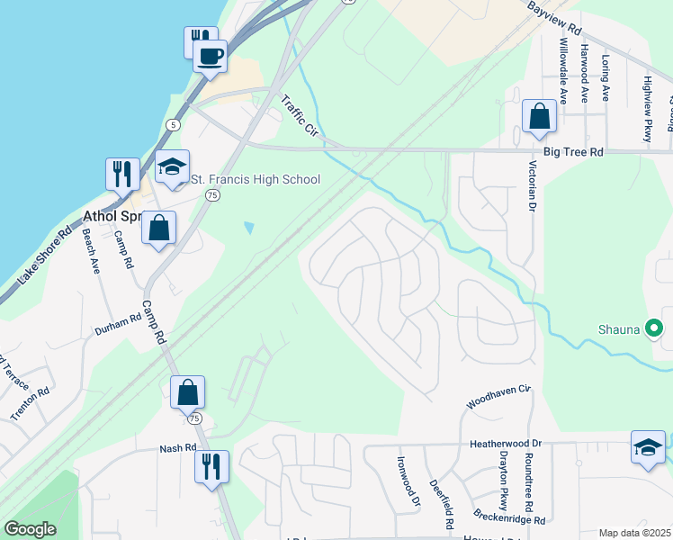 map of restaurants, bars, coffee shops, grocery stores, and more near 8 Brush Drive in Hamburg