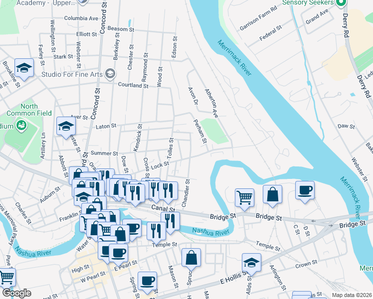 map of restaurants, bars, coffee shops, grocery stores, and more near 94 Chandler Street in Nashua